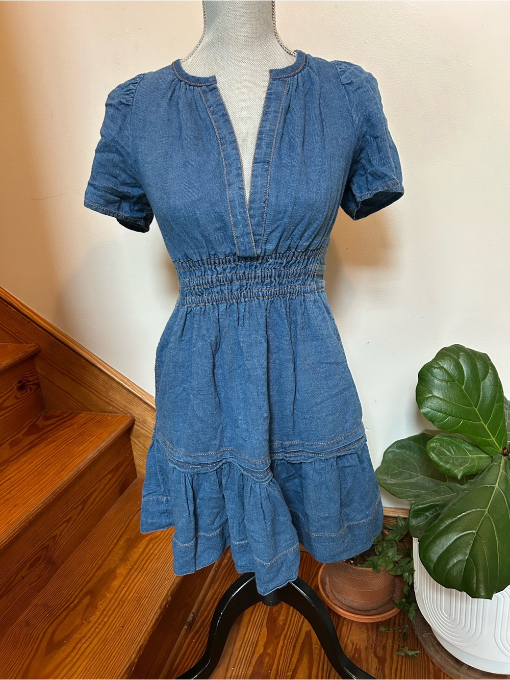 Anthropologie Blue Denim Smocked Waist Short Sleeve Dress